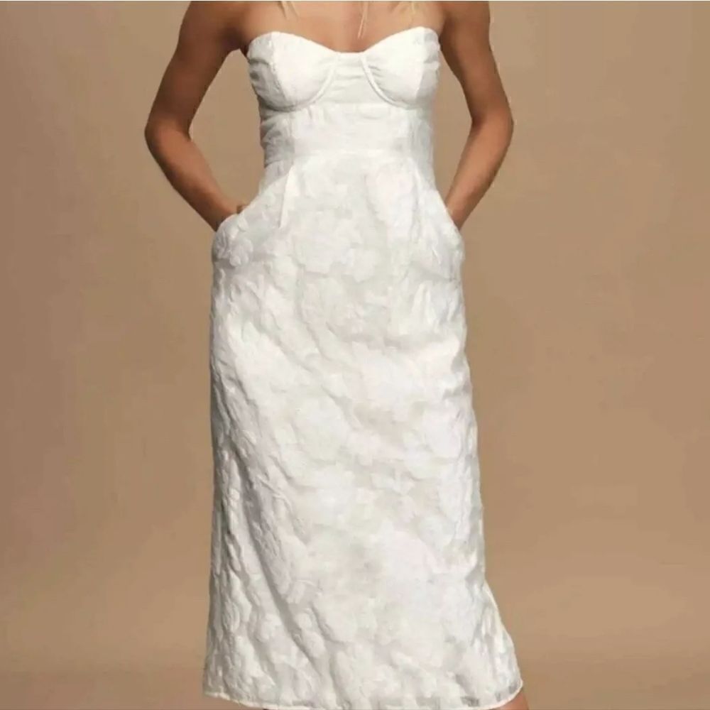 Lulus From this Day White Floral Jacquard Strapless Midi Dress Size Smal…